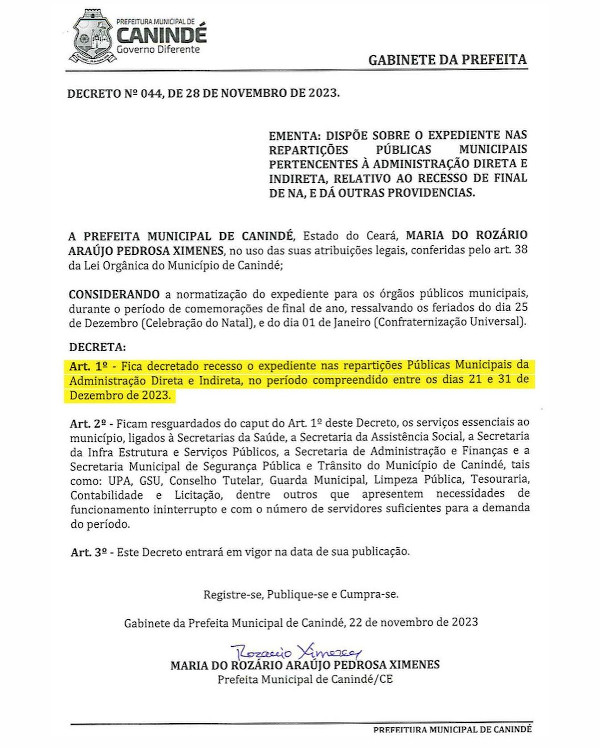Foto do Decreto Municipal 044/2023.