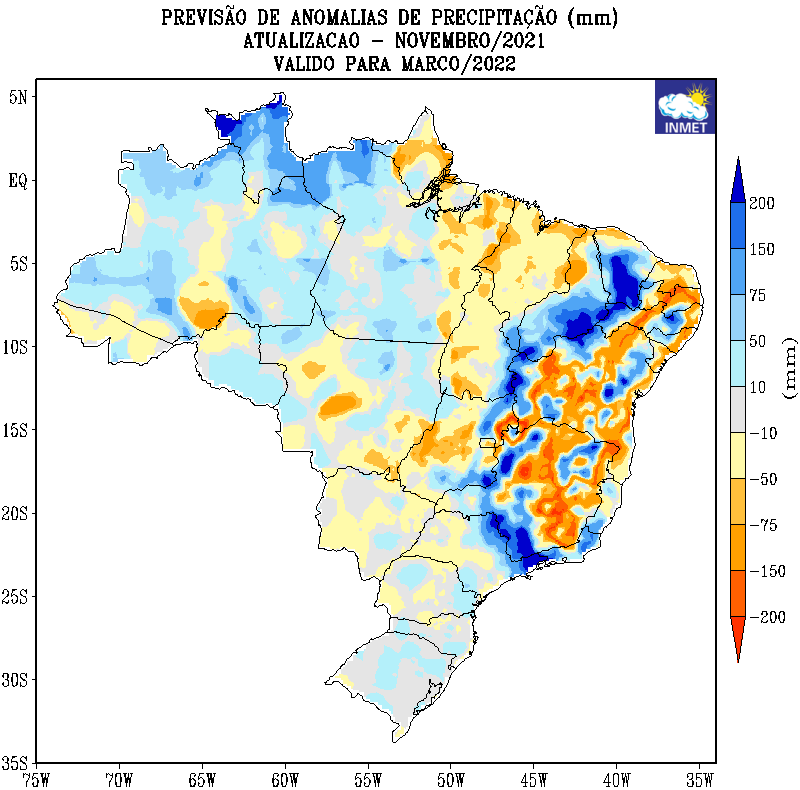 Mapa do Brasil com a previsão de anomalias de precipitação.