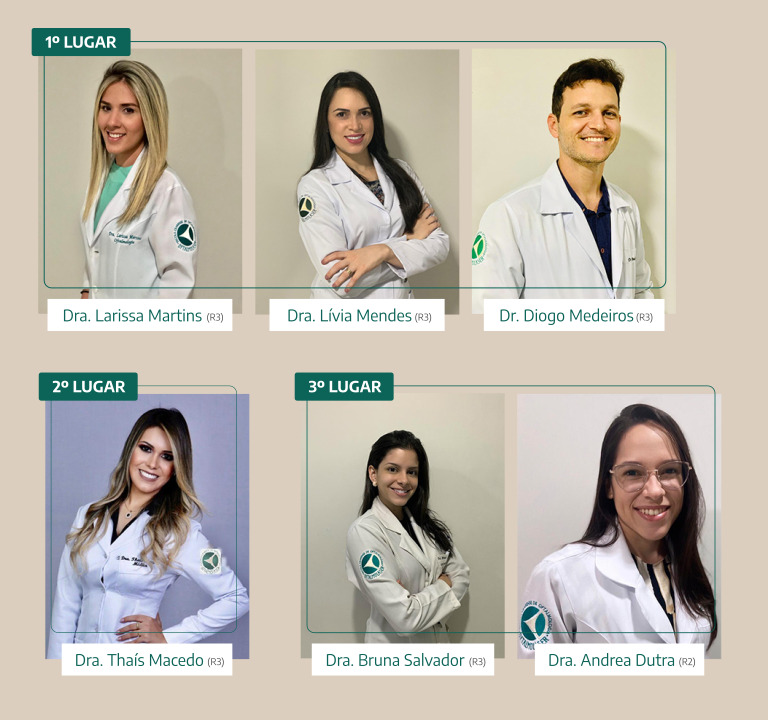 1° lugar: Dra. Larissa Martins (R3), Dra. Lívia Mendes (R3) e Dr. Diogo Medeiros (R3). 2º lugar: Dra. Thaís Macedo (R3). 3º lugar: Dra. Bruna Salvador e Dra. Andrea Dutra