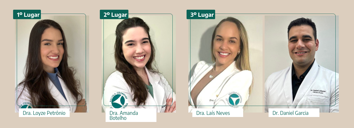 Foto da classificação, 1° Lugar: Dra. Loyze Petrônio, 2° Lugar: Dra. Amanda Botelho, 3° Lugar: Dra. Laís Neves e Dr. Daniel Garcia.