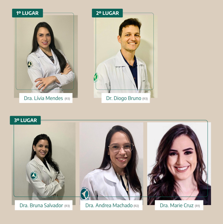 1º Lugar: Dra. Lívia Mendes; 2º Lugar: Dr. Diogo Bruno; 3º Lugar: Dra. Bruna Salvador, Dra. Andrea Machado e Dra. Marie Cruz