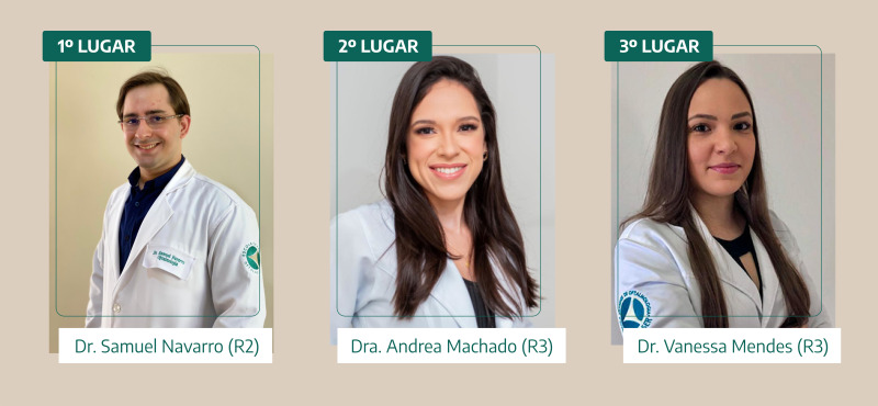 1° lugar: Dr. Samuel Navarro (R2), 2º lugar: Dra. Andrea Machado (R3) e 3º lugar: Dra. Vanessa Mendes (R3)