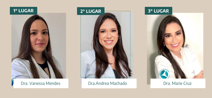 1° lugar: Dra. Vanessa Mendes (R2), 2º lugar: Dra. Andrea Machado (R3) e 3º lugar: Dra. Marie Cruz (R3)