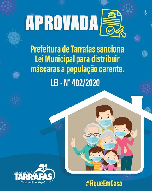 Prefeitura de Tarrafas distribuir&aacute; m&aacute;scaras &agrave; popula&ccedil;&atilde;o