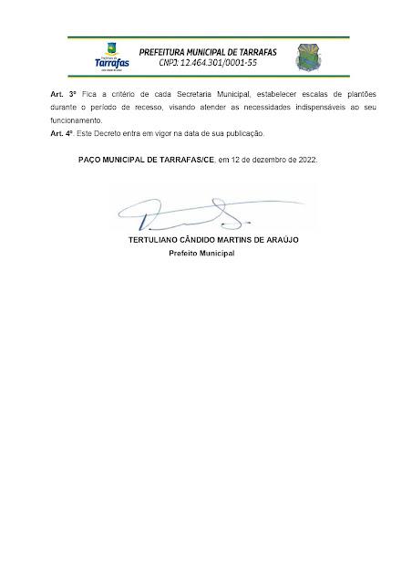 Prefeitura Municipal de Tarrafas estar&aacute; de recesso entre os dias: 19/12/2022 &agrave; 03/01/2023