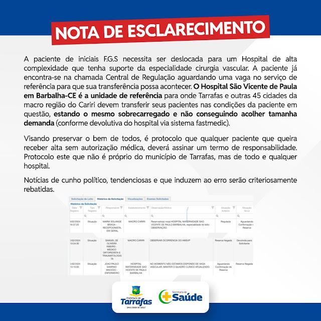 Imagem com um texto sobre a Nota de Esclarecimento e uma tabela.