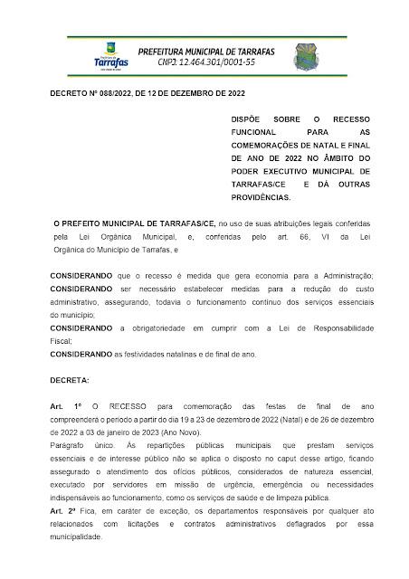 Prefeitura Municipal de Tarrafas estar&aacute; de recesso entre os dias: 19/12/2022 &agrave; 03/01/2023