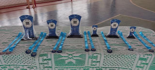 Foto de medalhas e troféus em cima de uma mesa.