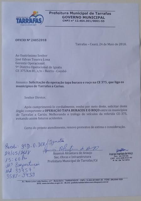 Oficio N&ordm; 24052018 protocolado pelo secret&aacute;rio de obras de Tarrafas, o Sr. Ananias Alcantara